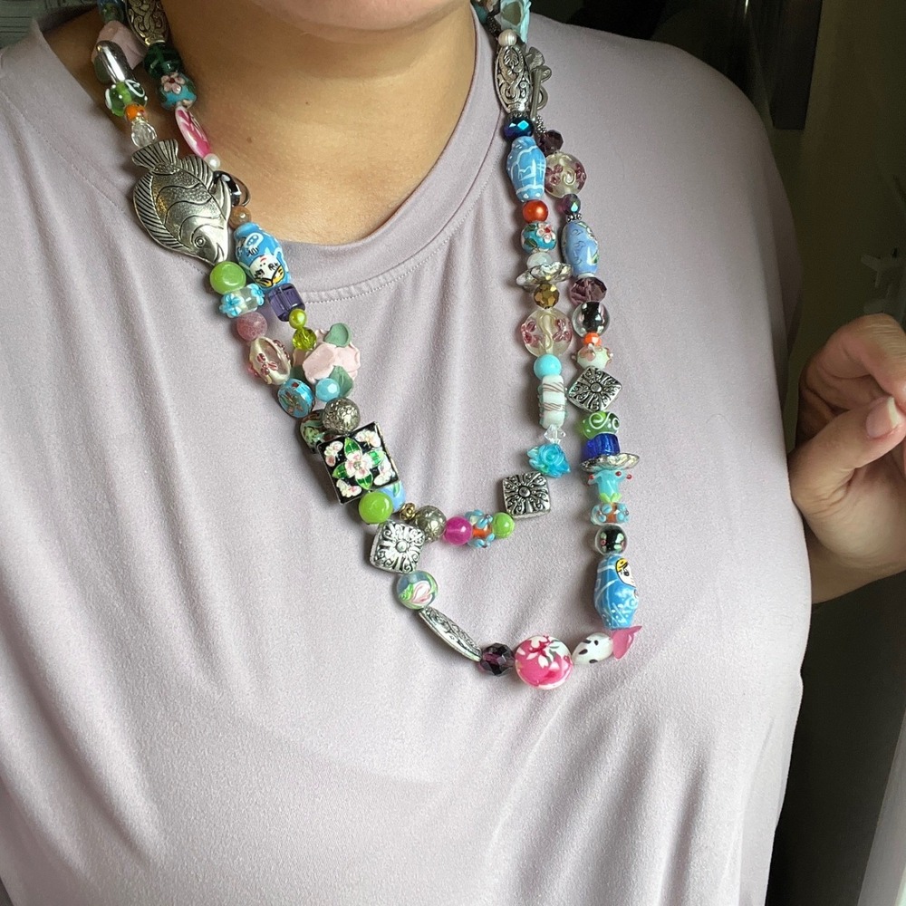 Geisha‎ Multi Strand Beaded Necklace Porcelain Lampwork Fish Nesting Doll Floral